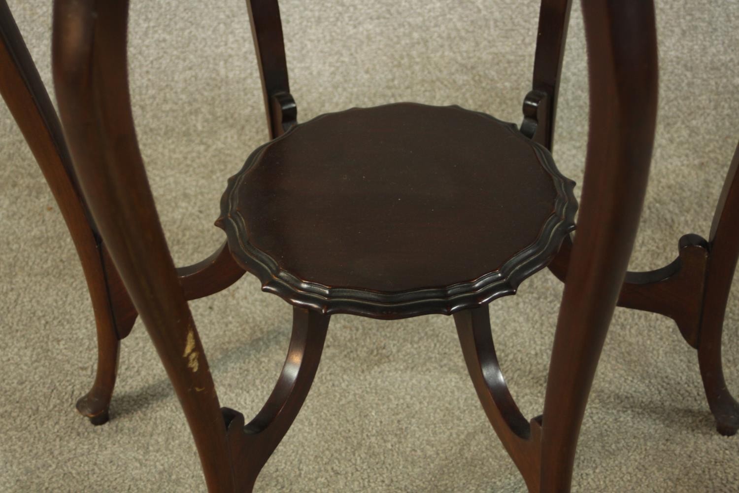 A late Victorian mahogany two tier occasional table, raised on six cabriole supports terminating in - Image 6 of 6