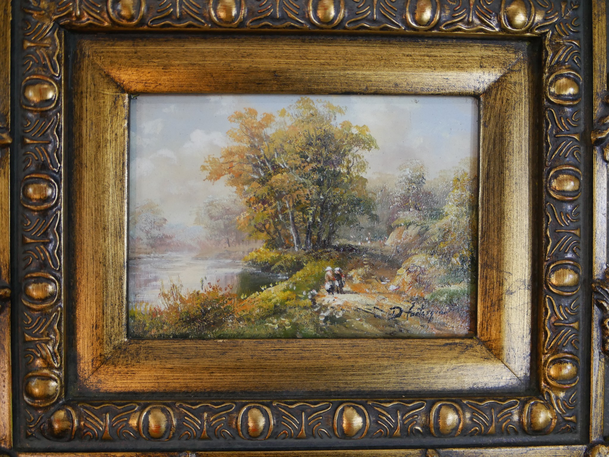 Didier Fortesque (Contemporary), figures on a track by a river, oil on board, gilt framed and - Image 3 of 5