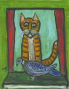 Wolf Howard, Cat Looking at Pigeon, acrylic on canvas, initialled, unframed, title, signed and dated