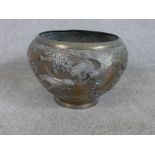 An early 20th century Japanese mixed metal jardinière with applied naturalistic bird decoration. H.2