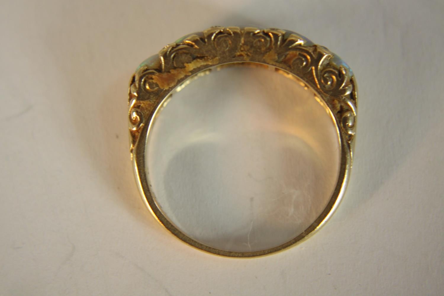 A 9ct carat yellow gold carved half hoop five stone Opal and diamond ring. Set with five round - Image 10 of 10