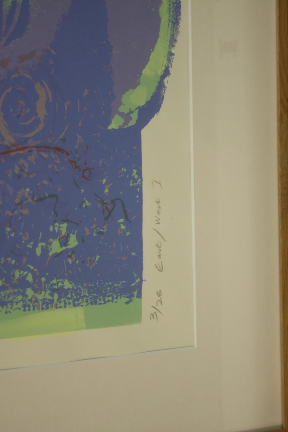 David Shaw (20th century), East/West, an original limited edition linocut 3/28, signed and framed. - Image 4 of 7