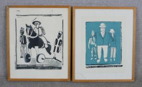 Two 20th century coloured linocuts. A White Official with Two Policemen and a Bible and Male Figures
