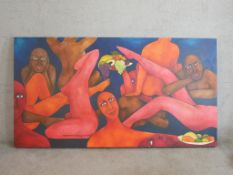 Contemporary, assorted nude ladies with two bowls of fruit, acrylic on canvas, unsigned and