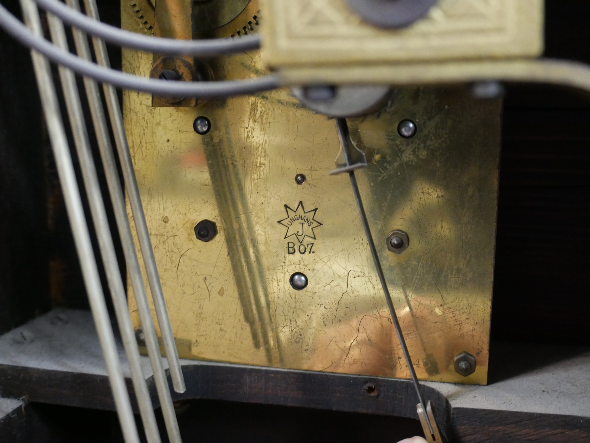 A late 19th/early 20th century carved oak mantle clock, the brass dial with black Arabic numerals, - Image 4 of 5