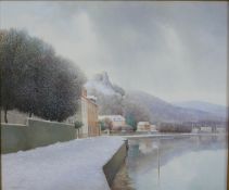 K. B. Hancock (20th century), Snow covered town with castle behind, acrylic on canvas, signed and