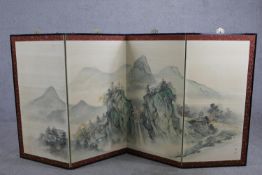 A 20th century Chinese three fold four panel silk screen, decorated with a mountainous village. H.92