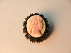 A Victorian carved shell and carved jet bordered cameo brooch depicting a classical side portrait, a