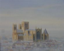 K. B. Hancock (20th century); York Minster in the Snow, acrylic on canvas, framed. H.60 W.70cm