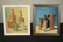 Sinclair, still life of pottery jugs, oil on board, signed and framed, together with one similar.