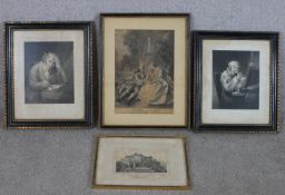 Four framed and glazed 19th century engravings of various portraits, including 'At Fault', a