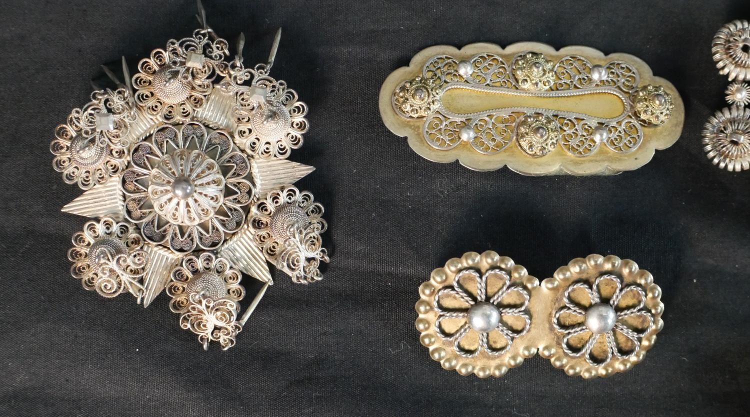 A collection of nine Danish silver and white metal traditional folk costume brooches, one with a - Image 3 of 5