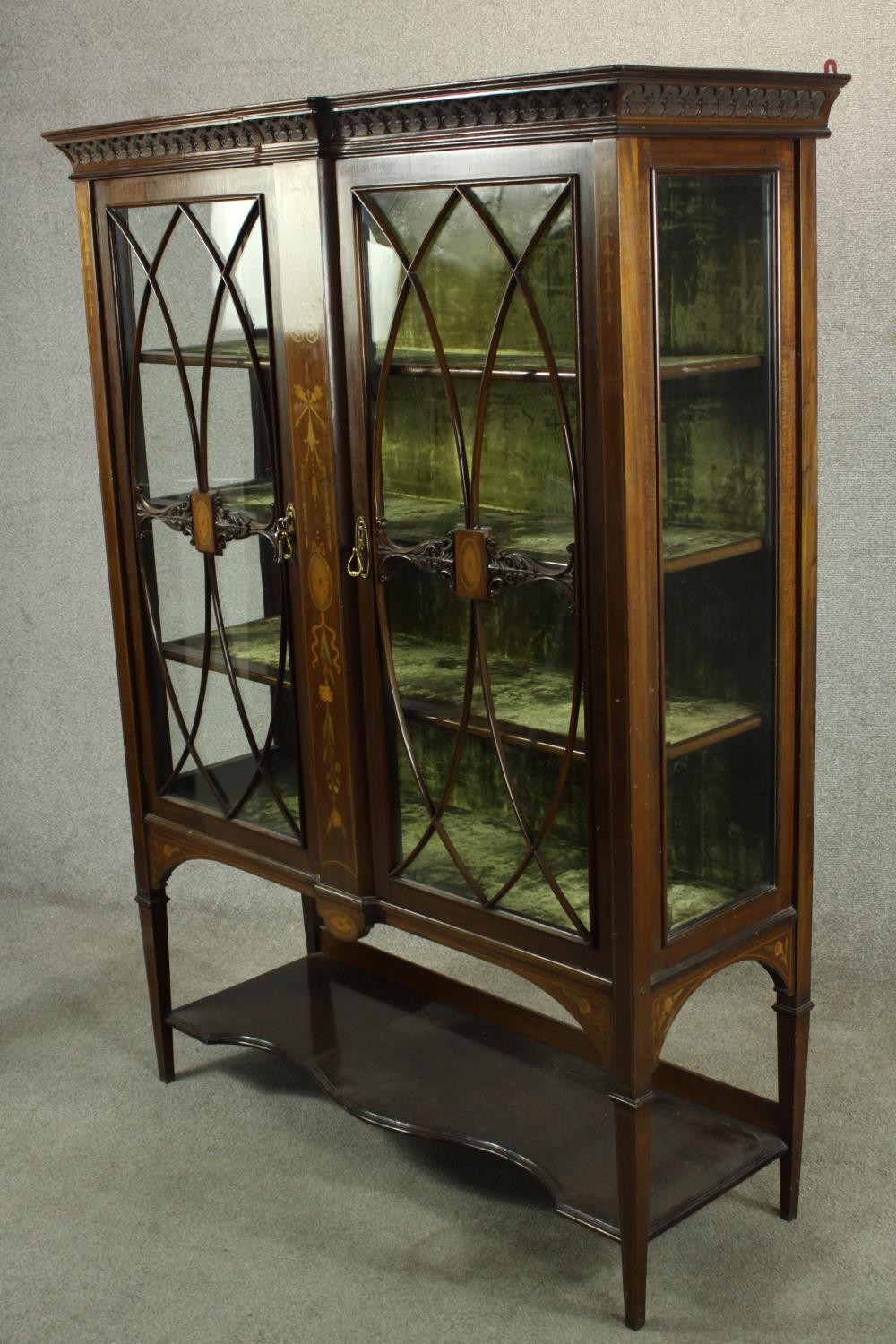 An Edwardian inlaid mahogany twin door display cabinet, the cornice carved with stylised flowers and - Image 11 of 15