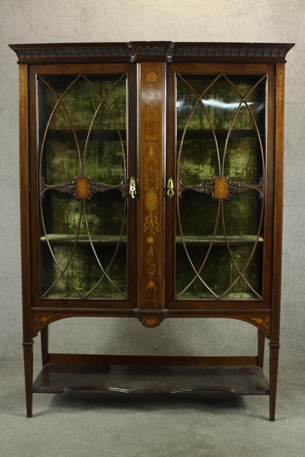 An Edwardian inlaid mahogany twin door display cabinet, the cornice carved with stylised flowers and - Image 3 of 15