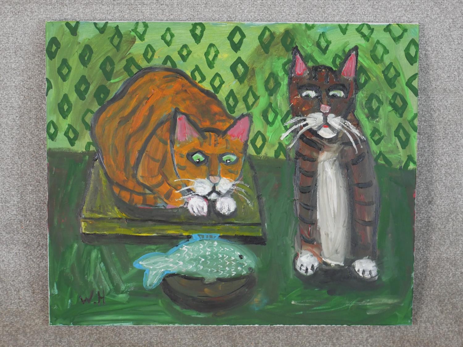 Wolf Howard, Their First Fish, acrylic on canvas, initialled, unframed, title, signed and dated