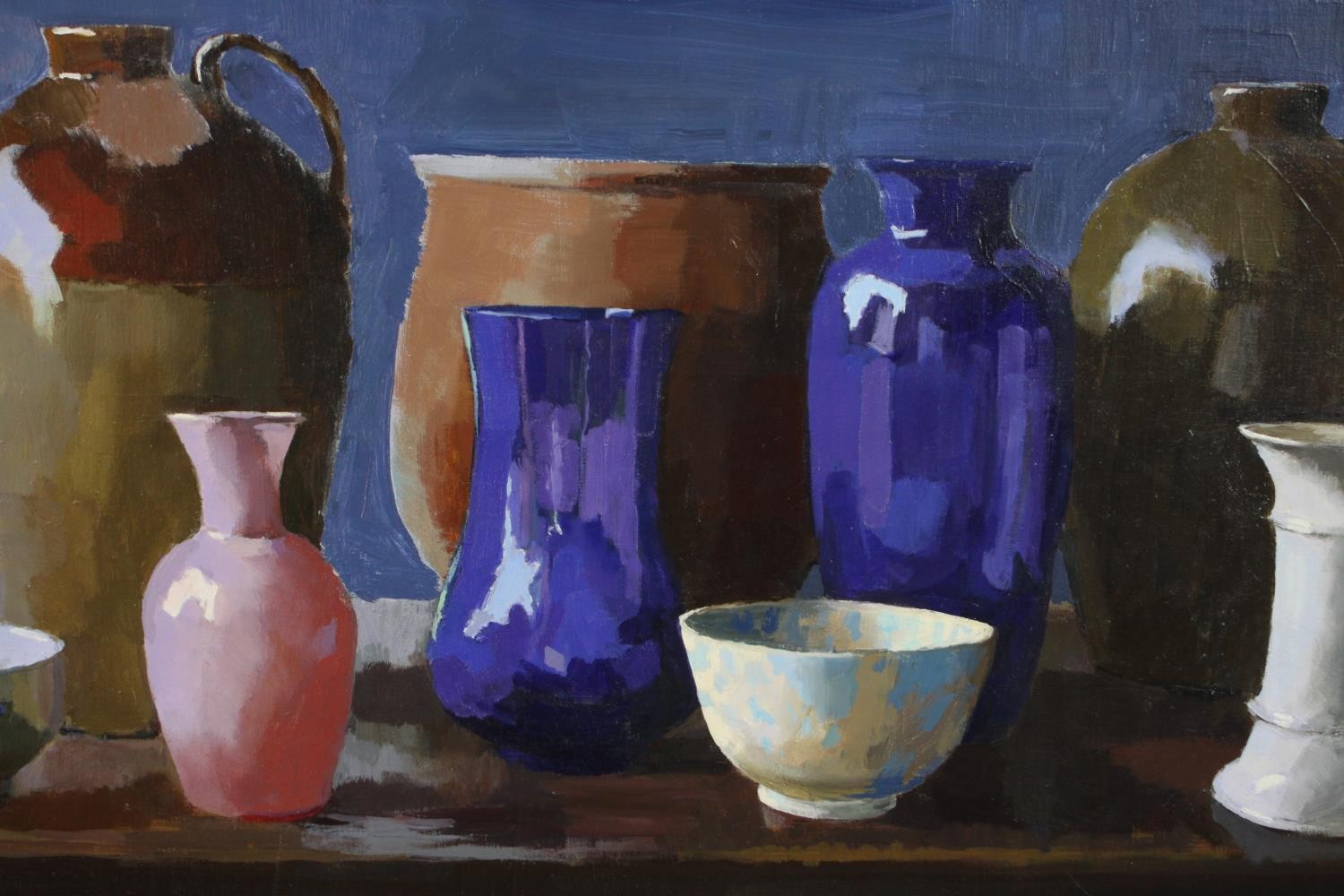 20th century, still life of jugs, vases and bowls, oil on canvas, unsigned and unframed. H.46 W.
