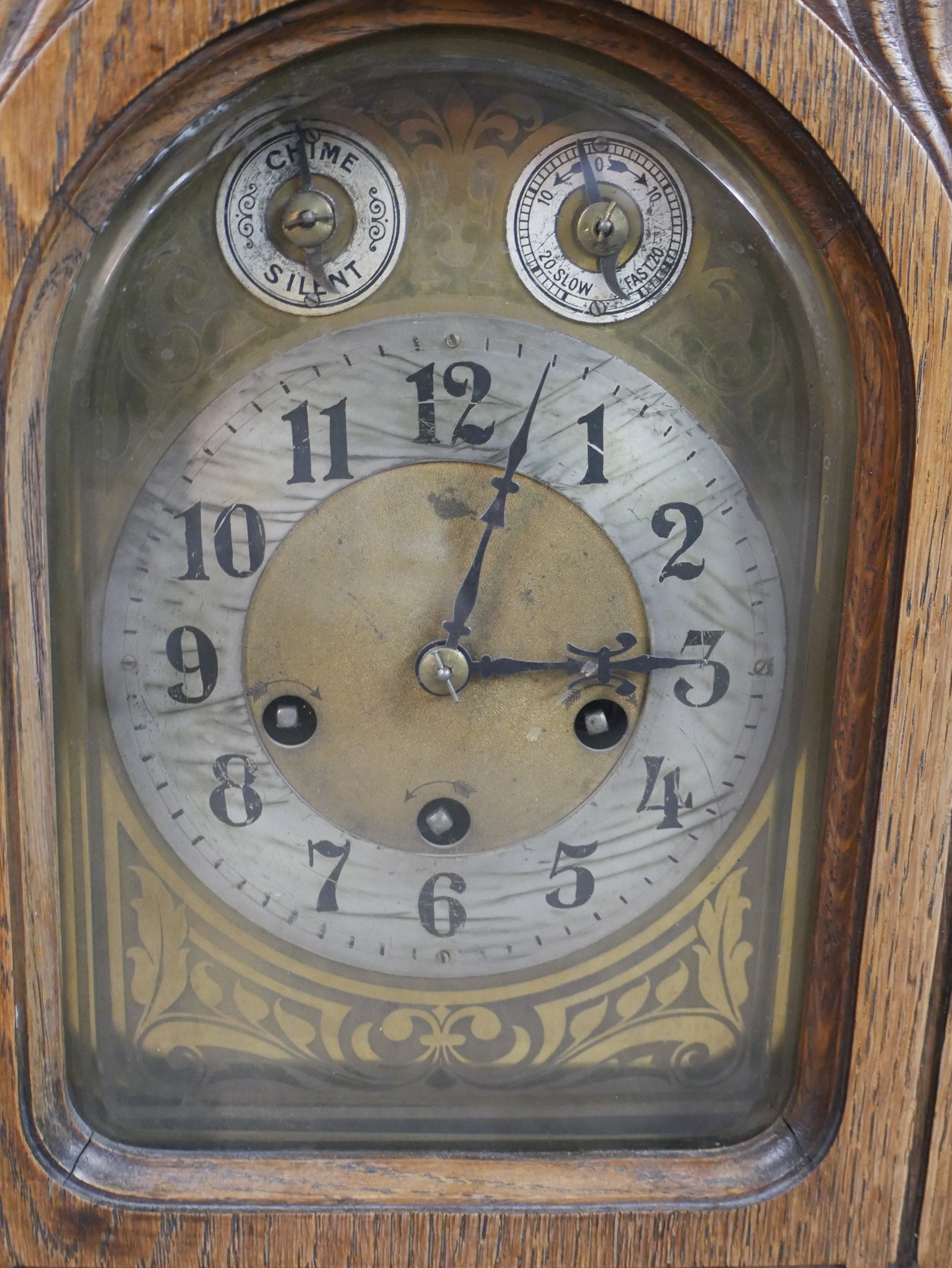 A late 19th/early 20th century carved oak mantle clock, the brass dial with black Arabic numerals, - Image 3 of 5