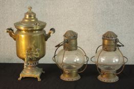 A pair of 20th century maritime style brass and glass hanging lanterns, together with a 20th century