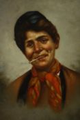 20th century (British school) Young man smoking with a red and yellow neck tie, oil on board, gilt