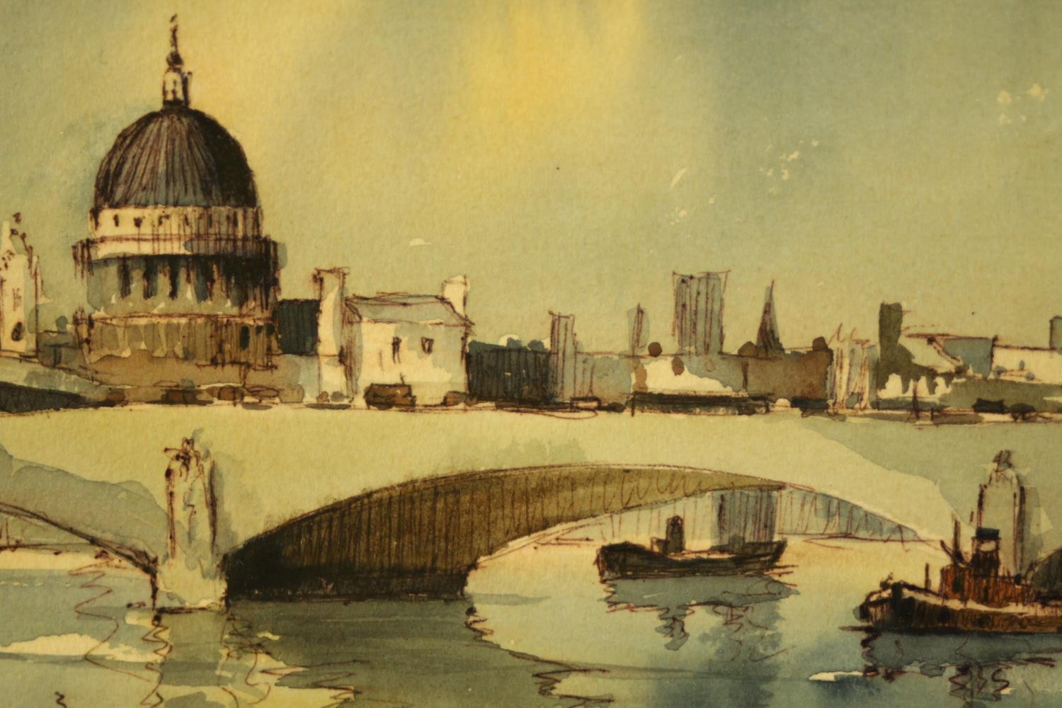 Sydney Vale (1916-1991), River Thames with St. Pauls Cathedral behind, watercolour on paper,