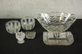 Six pieces of 20th century glass ware comprising of a pair circular dishes, pudding bowl,