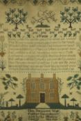 A George IV sampler needlework sampler, embroidered by Eliza Sawyer in 1824, depicting a poetry vers