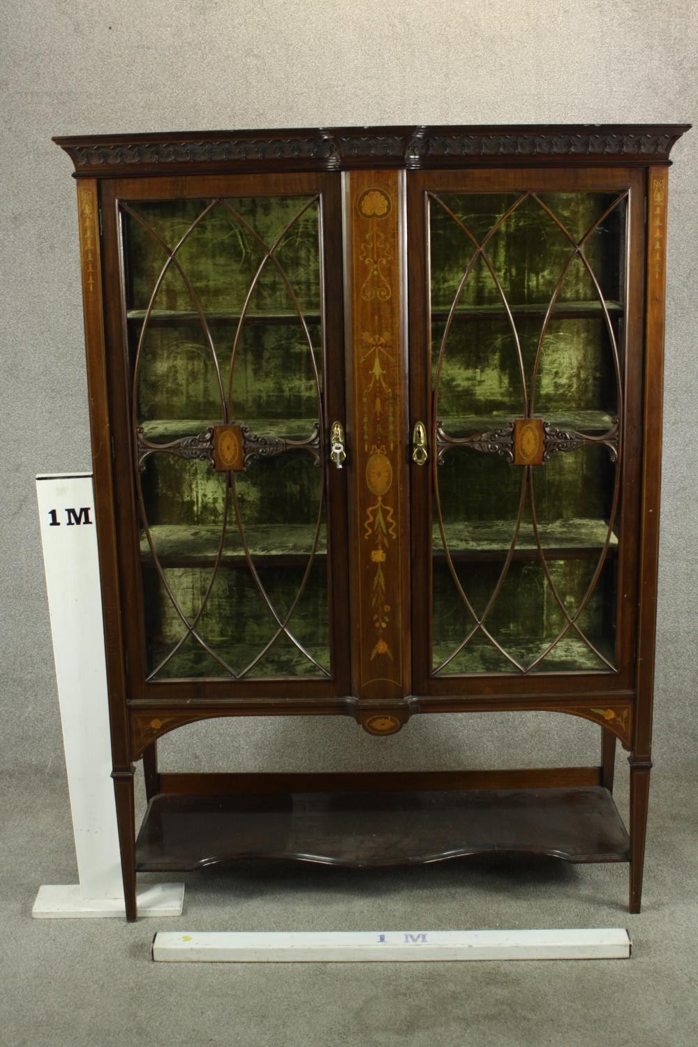 An Edwardian inlaid mahogany twin door display cabinet, the cornice carved with stylised flowers and - Image 2 of 15