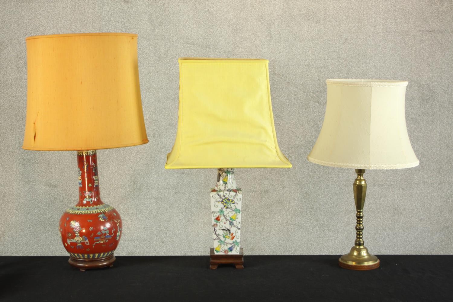 Three 20th century table lamps, including two Chinese hand painted porcelain vase design lamps,