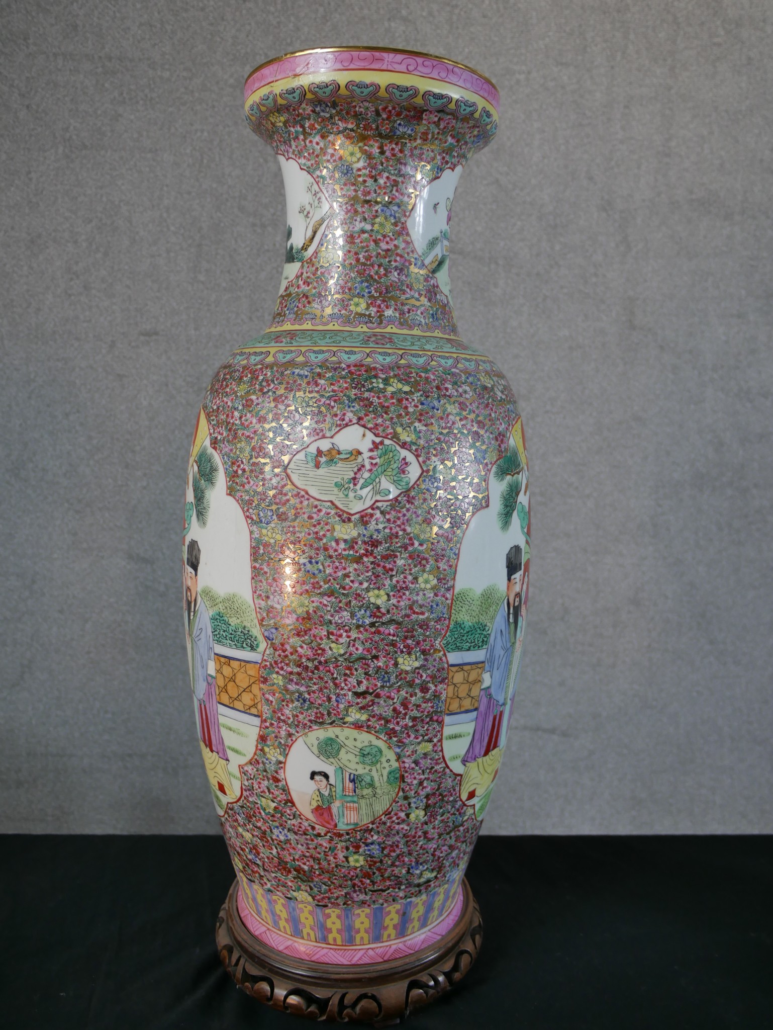 A Chinese porcelain baluster shaped vase decorated with panels of figures in a garden within - Image 5 of 7