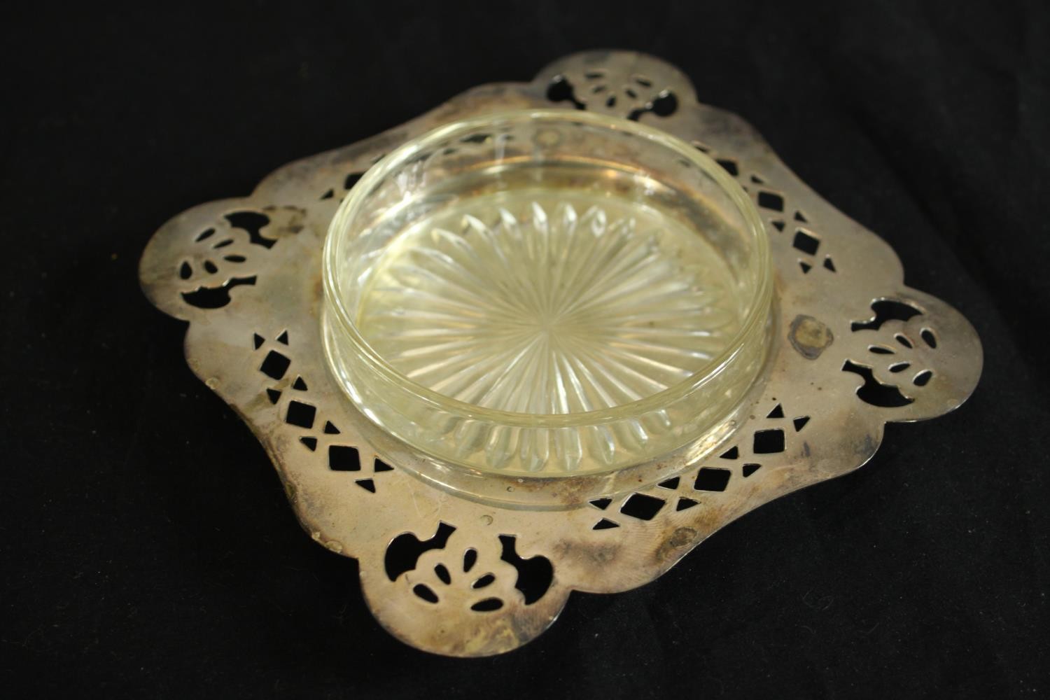 A collection of silver plate and pewter, including three pierced design butter dishes, a taste de - Image 5 of 10