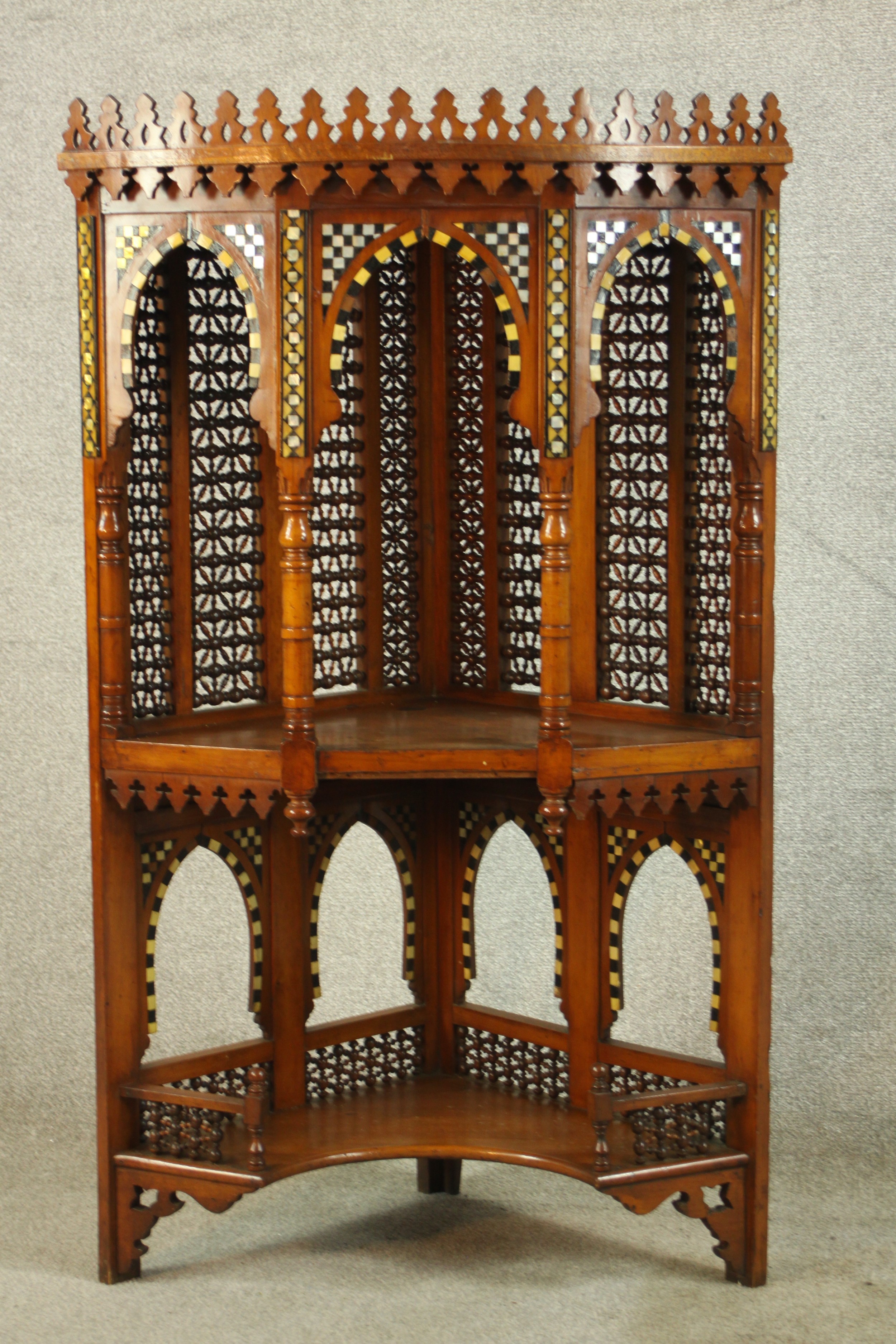 A set of 20th century bone inlaid hardwood, probably from Rajasthan, corner open hanging shelves. - Image 9 of 10