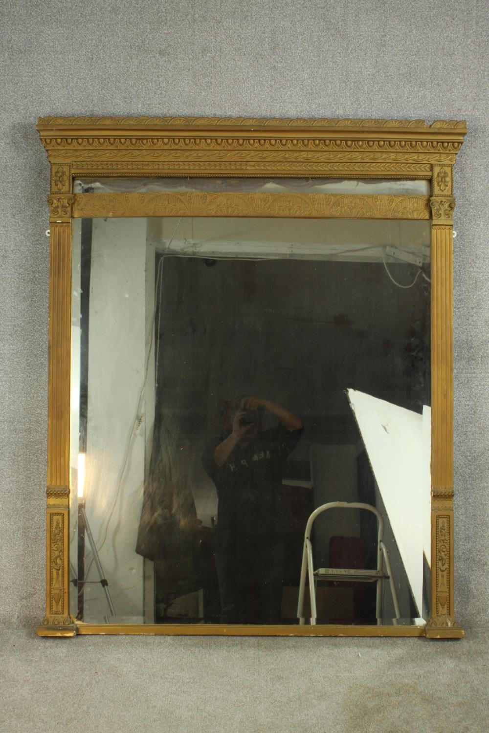 A Regency/Neo Classical style gild framed rectangular overmantel mirror. H.153 W.128cm.