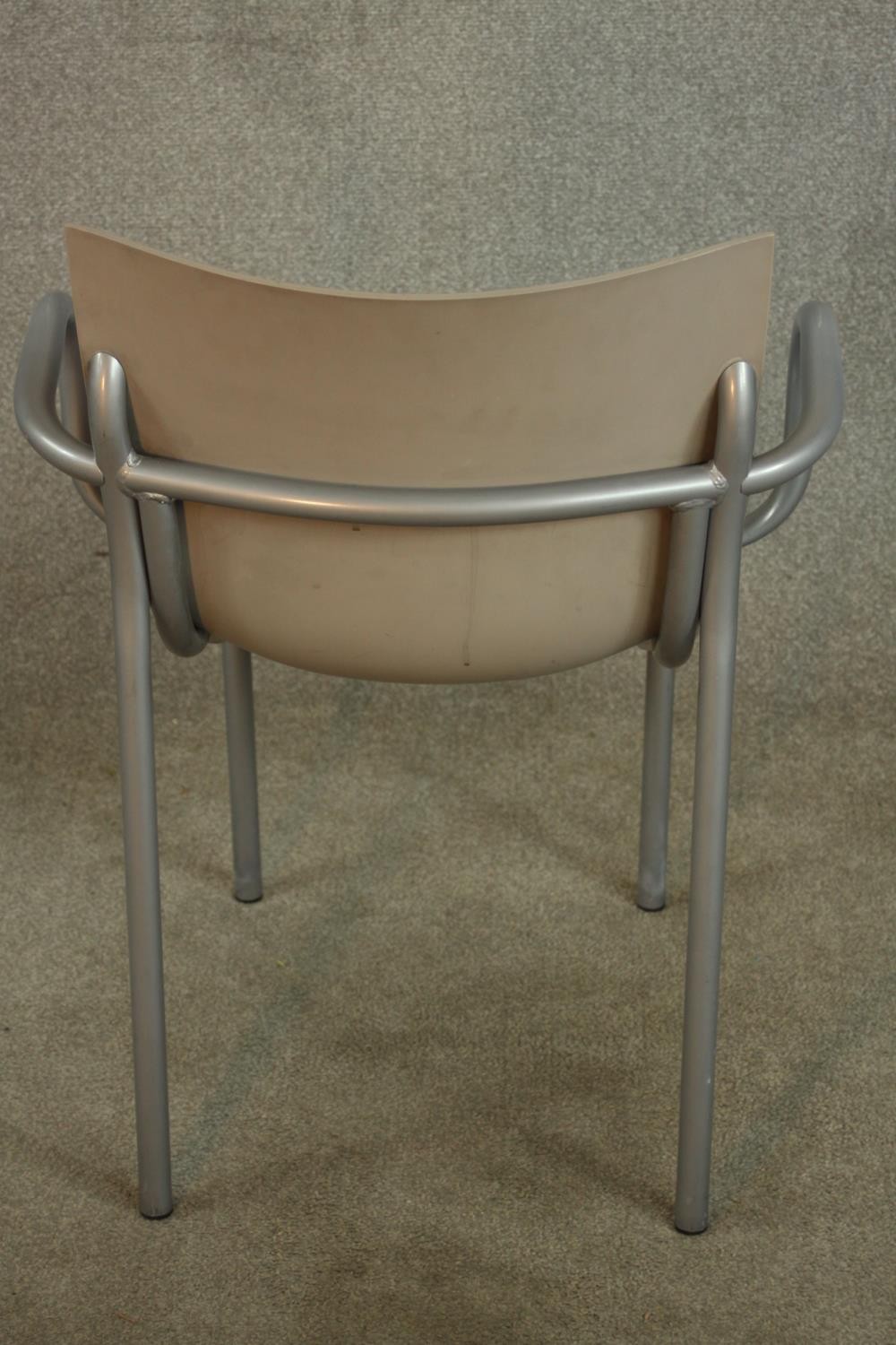 A mid 20th century leather and brushed steel open armchair, raised on straight supports. - Image 5 of 5