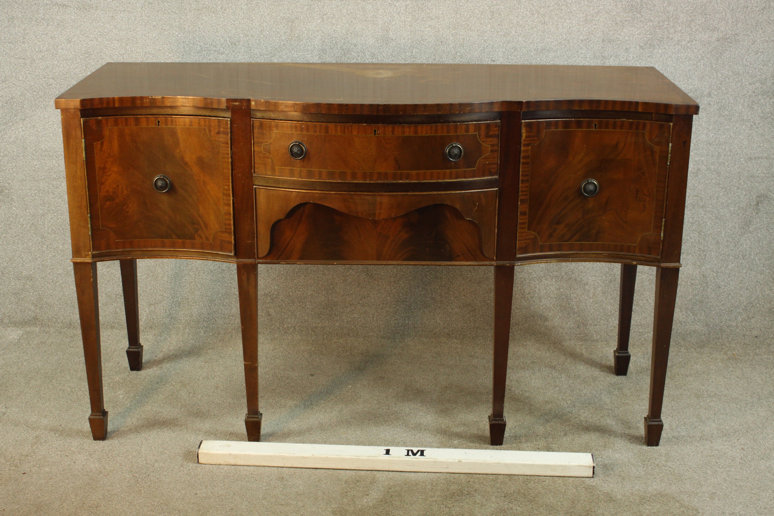 A Regency style mahogany serpentine fronted sideboard, with two central doors flanking two door - Image 2 of 12