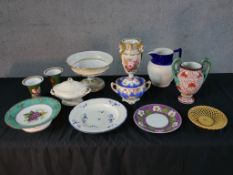 Assorted 19th century and later English porcelain to include a pair of tapering vases, tazzas,