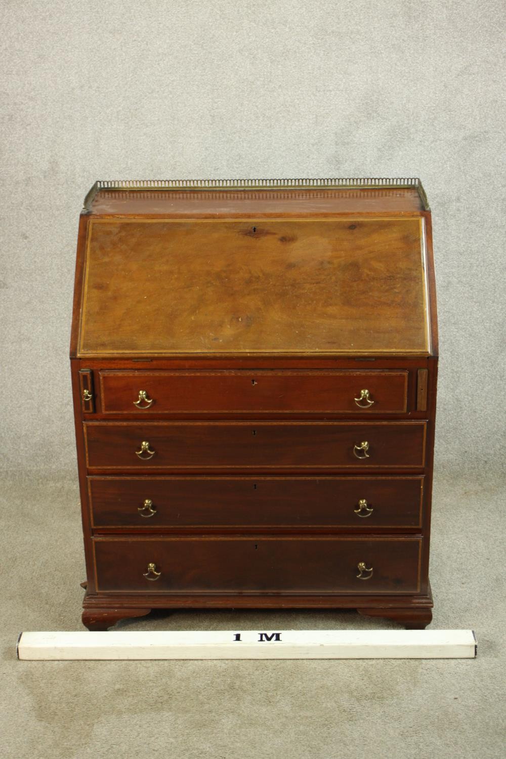 An Edwardian inlaid mahogany fall front writing bureau, with brass pierced gallery, the fall front - Image 2 of 9