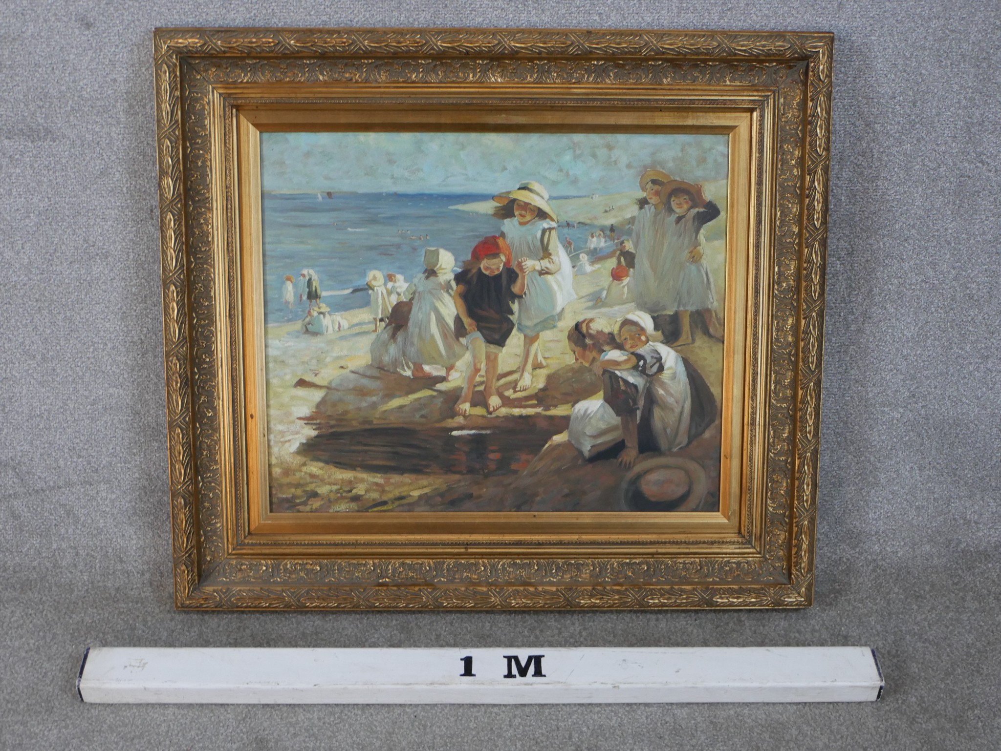 20th century, British school, children playing on the beach, oil on board, gilt framed. H.76 W.86cm - Image 5 of 6