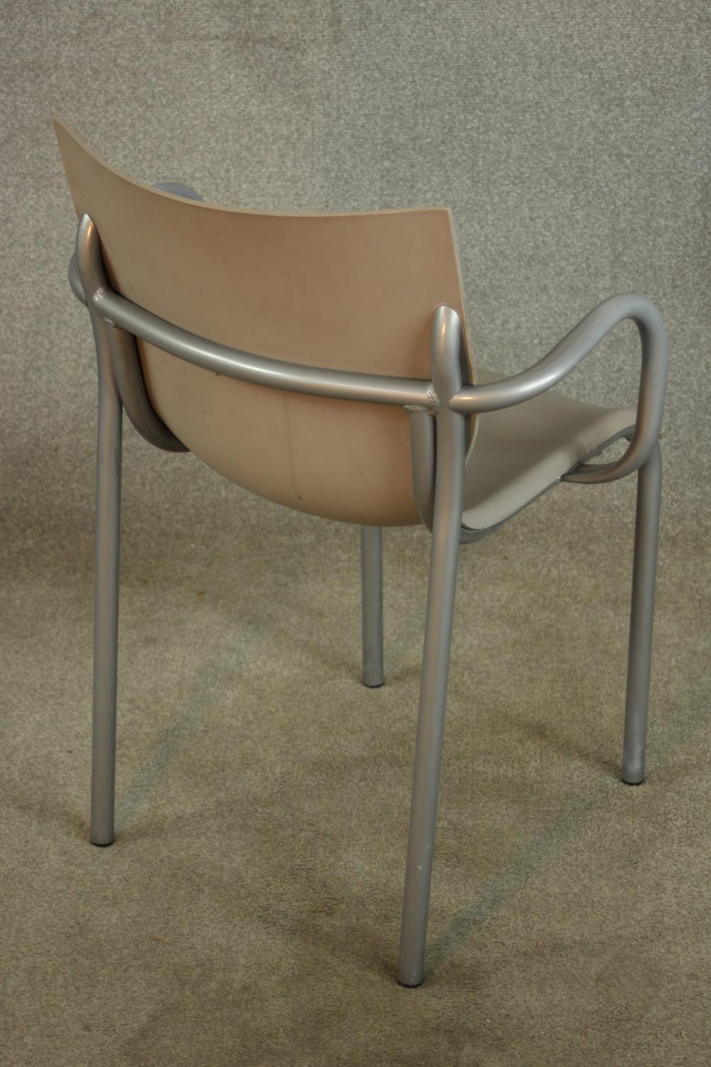 A mid 20th century leather and brushed steel open armchair, raised on straight supports. - Image 4 of 5