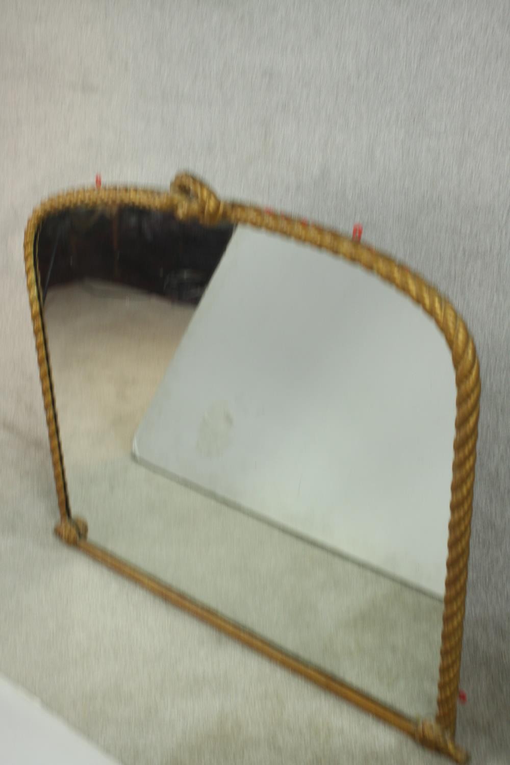 A 19th century gilt framed over mantle mirror, with rope twist style decoration. H.102 W.115cm. - Image 4 of 6