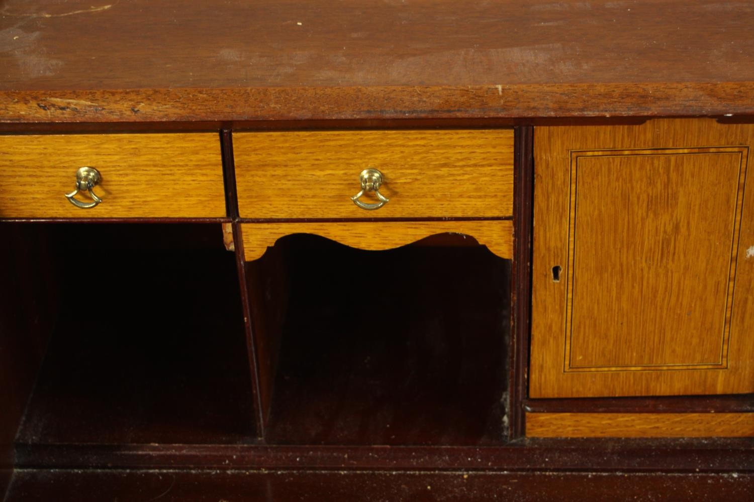 An Edwardian inlaid mahogany fall front writing bureau, with brass pierced gallery, the fall front - Image 4 of 9