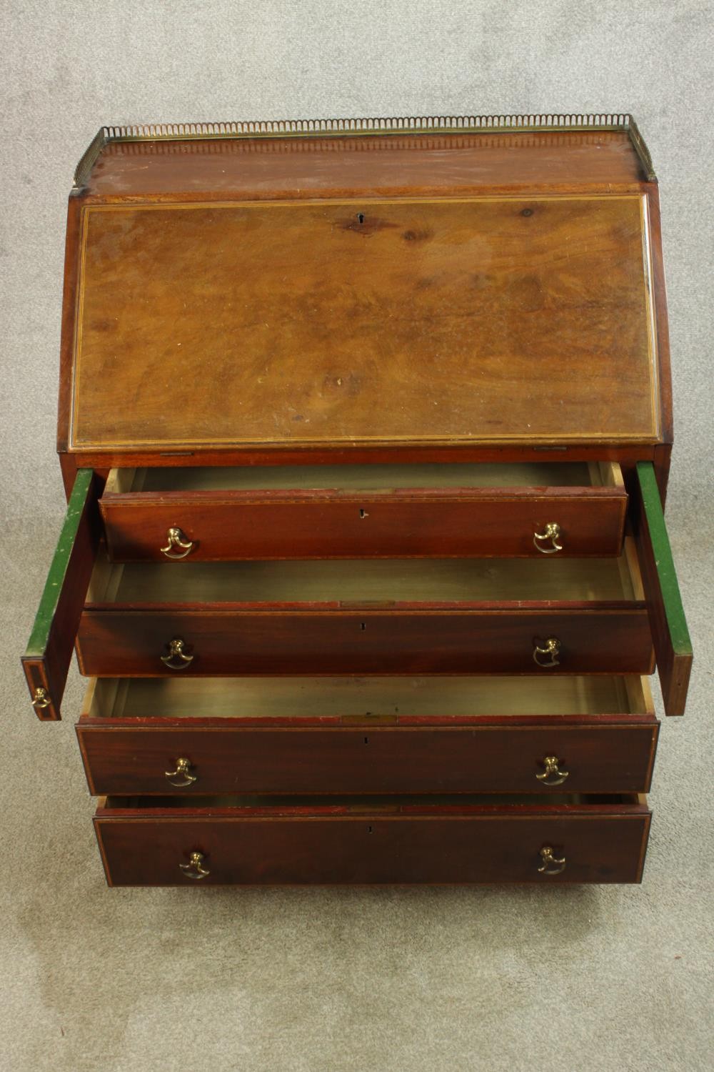 An Edwardian inlaid mahogany fall front writing bureau, with brass pierced gallery, the fall front - Image 5 of 9