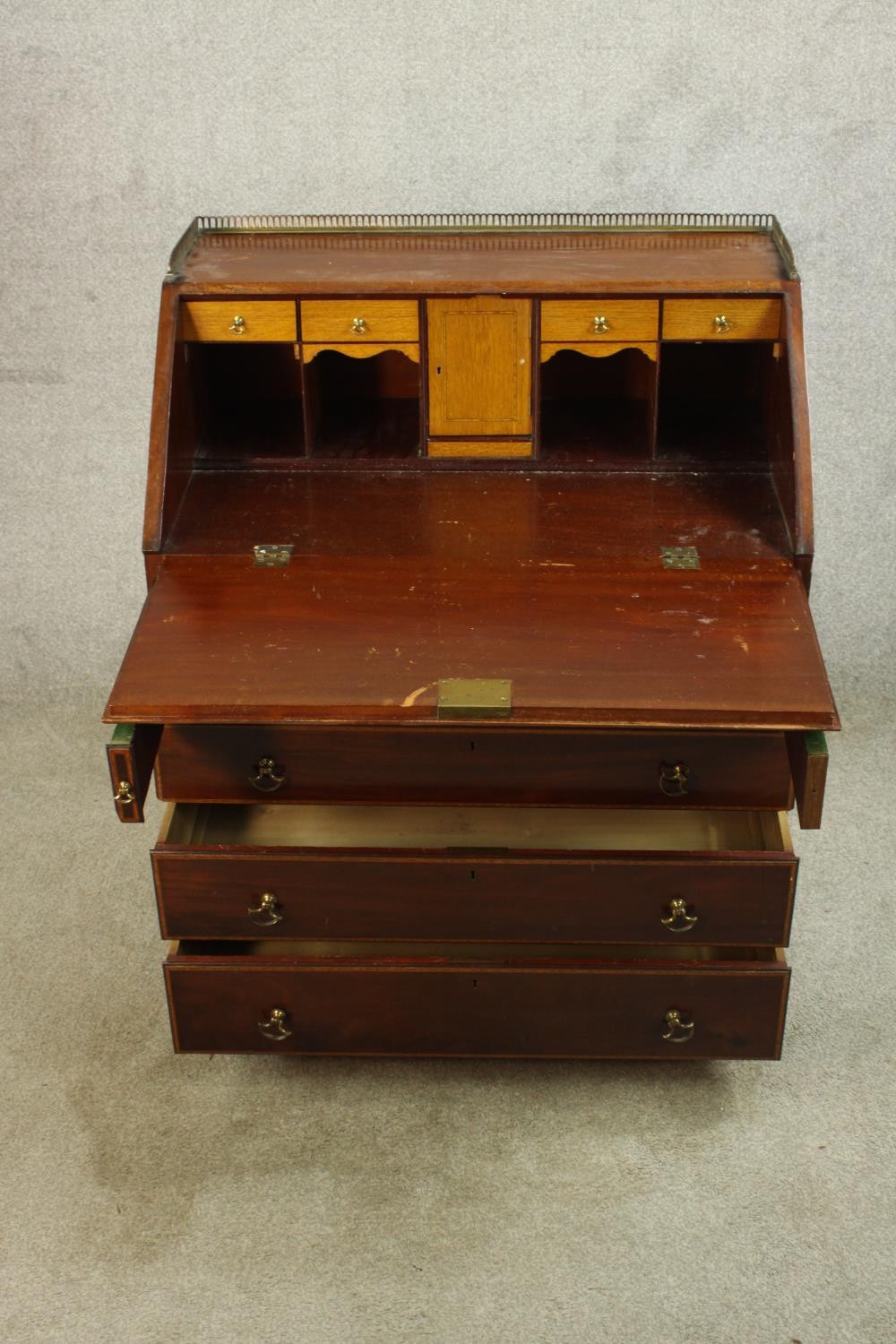 An Edwardian inlaid mahogany fall front writing bureau, with brass pierced gallery, the fall front - Image 3 of 9