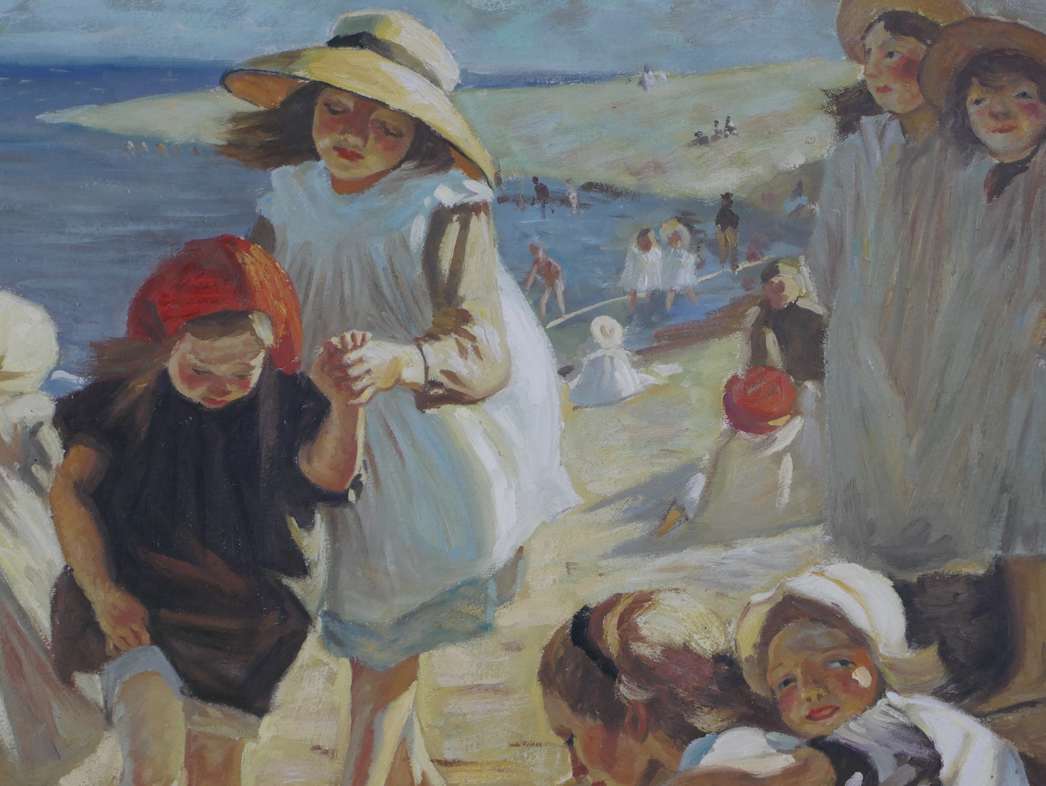 20th century, British school, children playing on the beach, oil on board, gilt framed. H.76 W.86cm - Image 3 of 6
