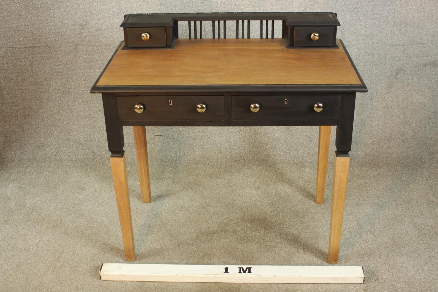 A late 20th painted and stained beech two drawer ladies writing desk, raised on tapering supports. - Image 2 of 7
