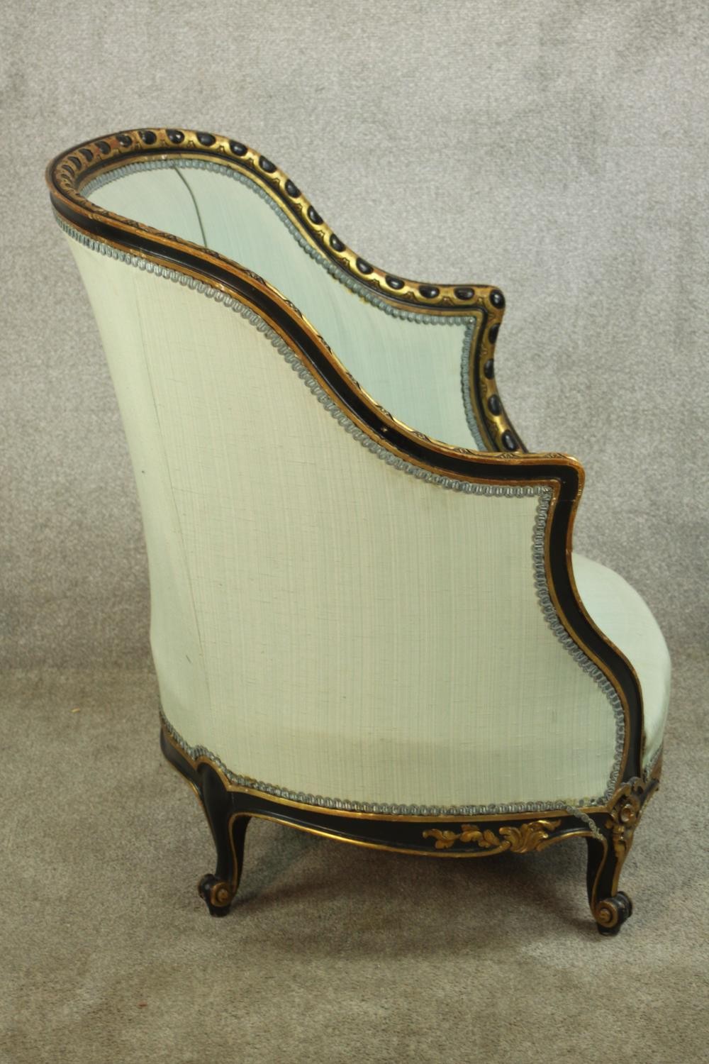 A French Louis XV style tub chair, with egg and dart frame, upholstered in sky blue fabric, raised - Image 7 of 10