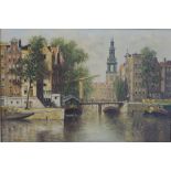 H. Ten Hoven (1901-1978, Dutch), Amsterdam canal scene, signed, framed. H.58 W.78cm