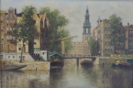 H. Ten Hoven (1901-1978, Dutch), Amsterdam canal scene, signed, framed. H.58 W.78cm