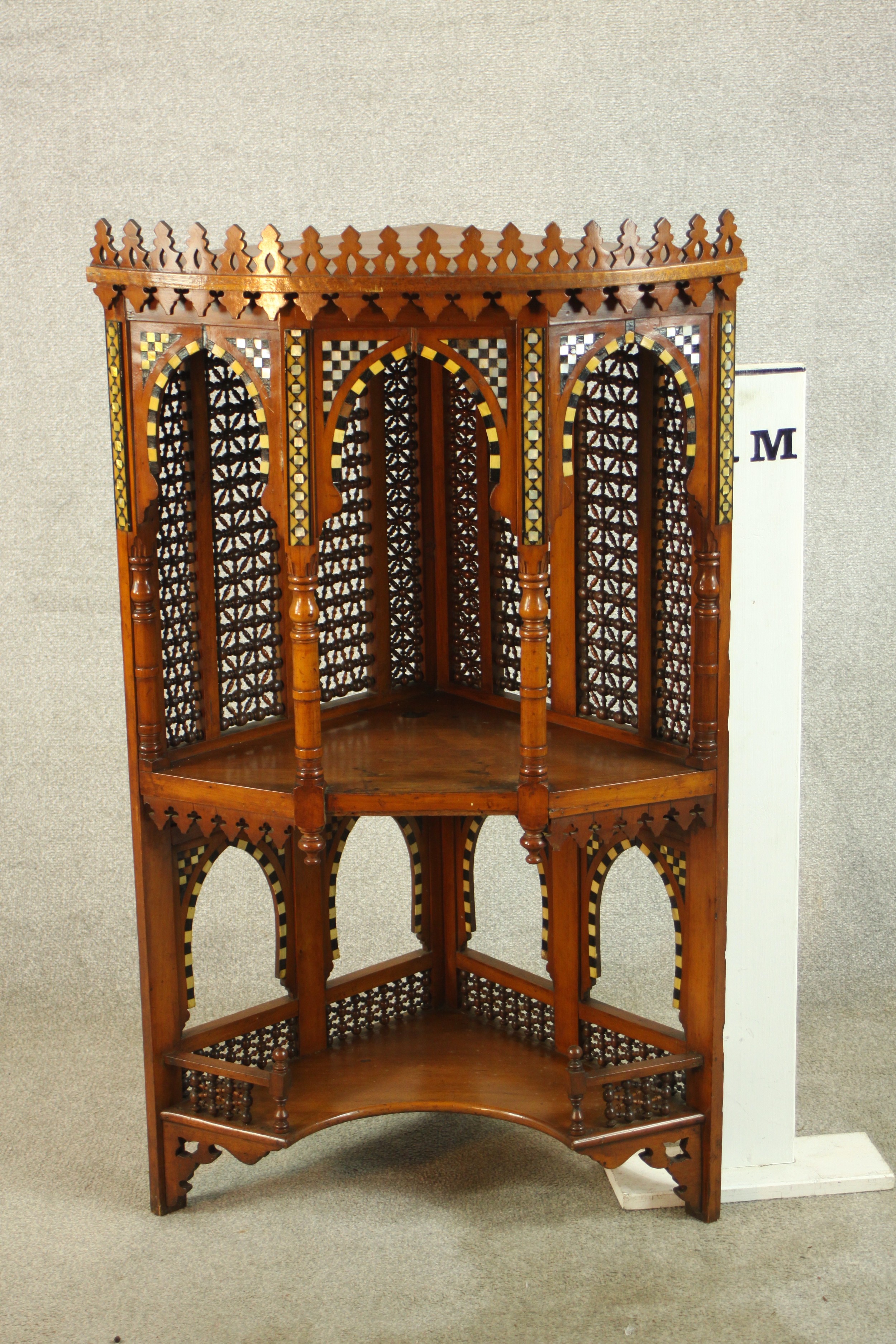 A set of 20th century bone inlaid hardwood, probably from Rajasthan, corner open hanging shelves. - Image 2 of 10