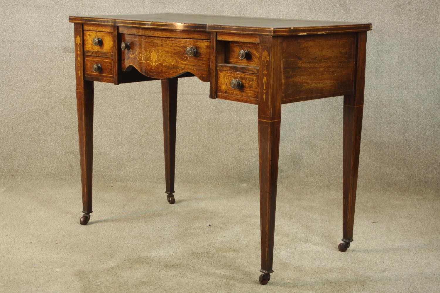 An Edwardian inlaid rosewood bowfronted leather topped writing desk, with single long drawer - Image 3 of 9