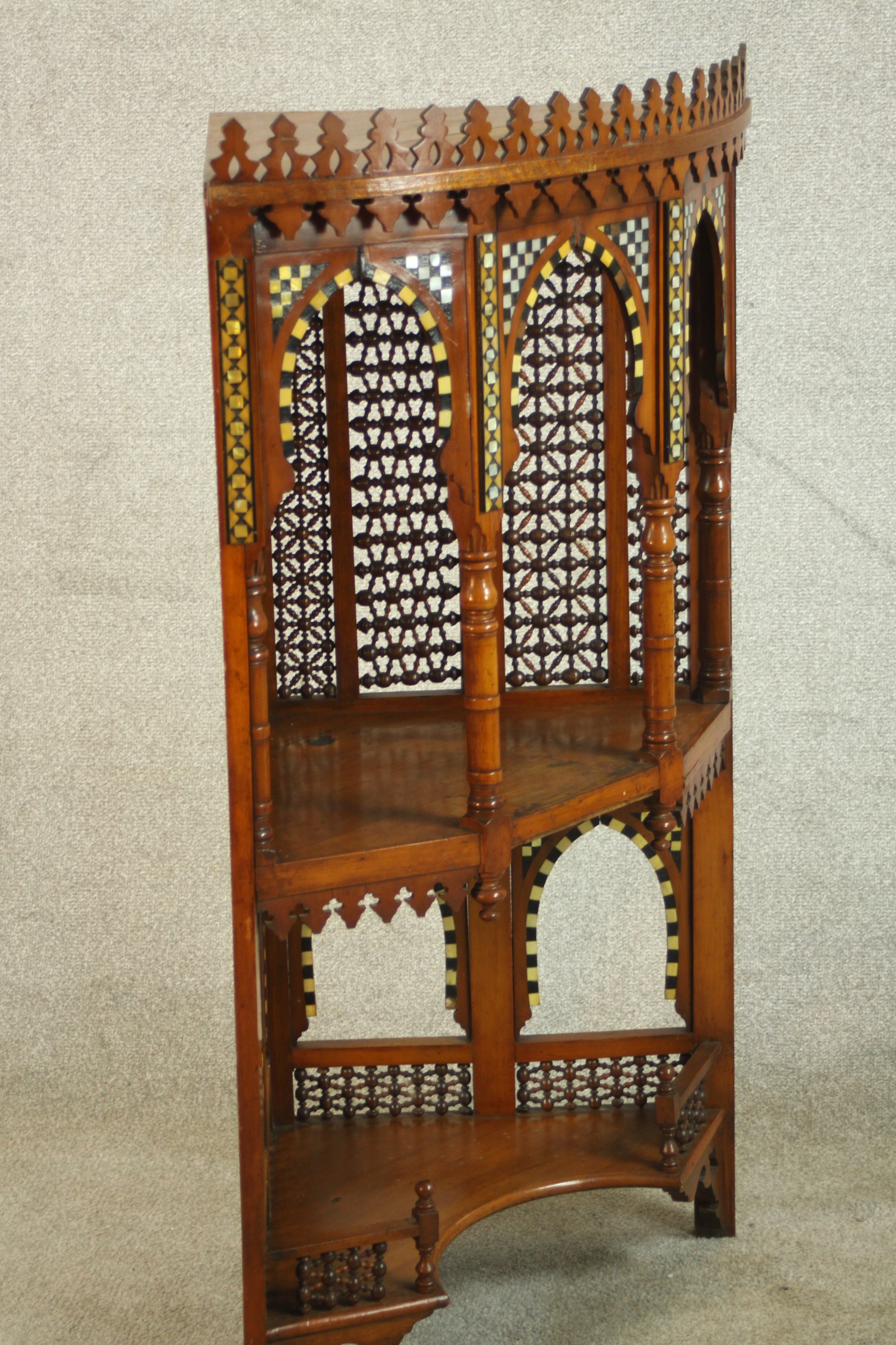A set of 20th century bone inlaid hardwood, probably from Rajasthan, corner open hanging shelves. - Image 6 of 10
